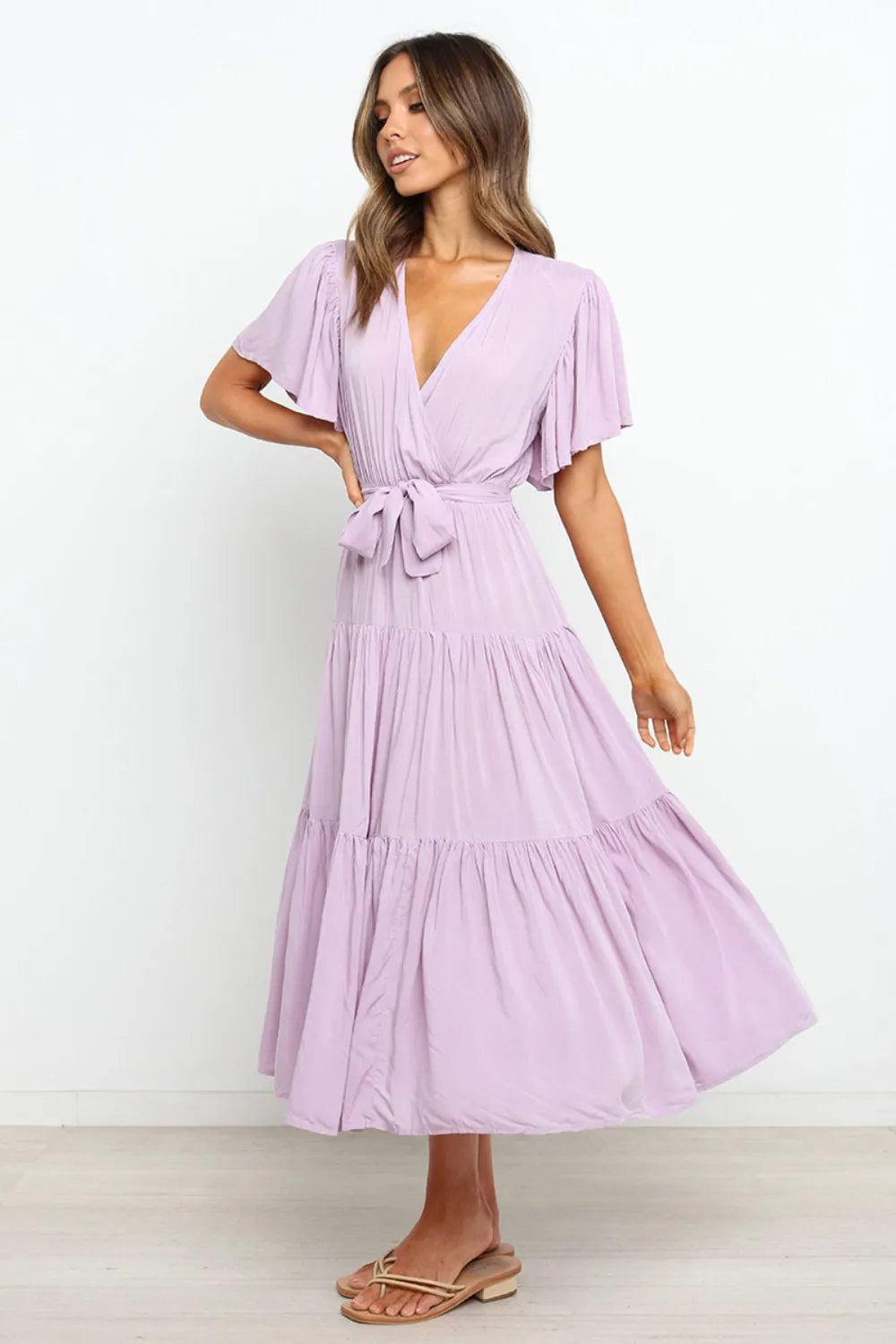 Tied Back Tiered Short Sleeve Midi Dress - Blushé Belle