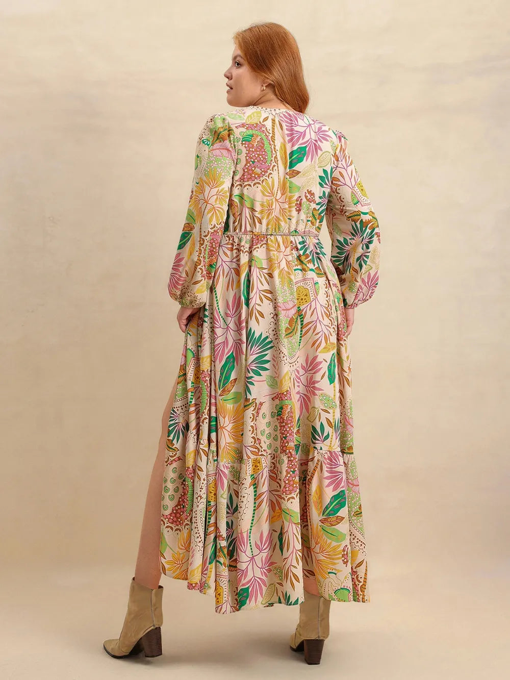 Plus Size Lace Detail Printed V-Neck Balloon Sleeve Dress - Blushé Belle