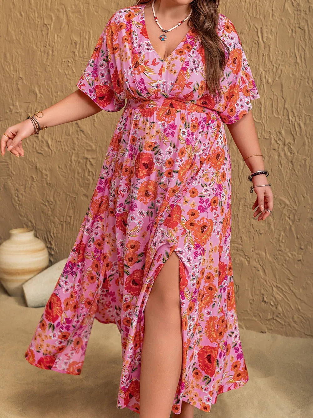 Plus Size Slit Floral V-Neck Half Sleeve Maxi Dress - Blushé Belle