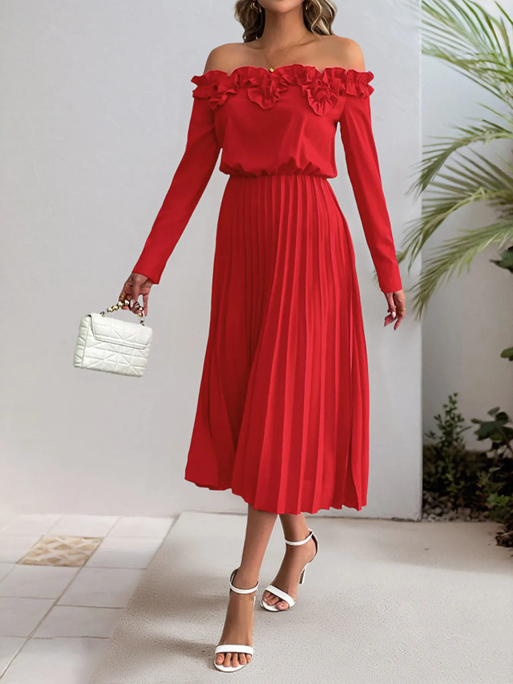Off-Shoulder Ruffle Pleated Midi Dress - Blushé Belle