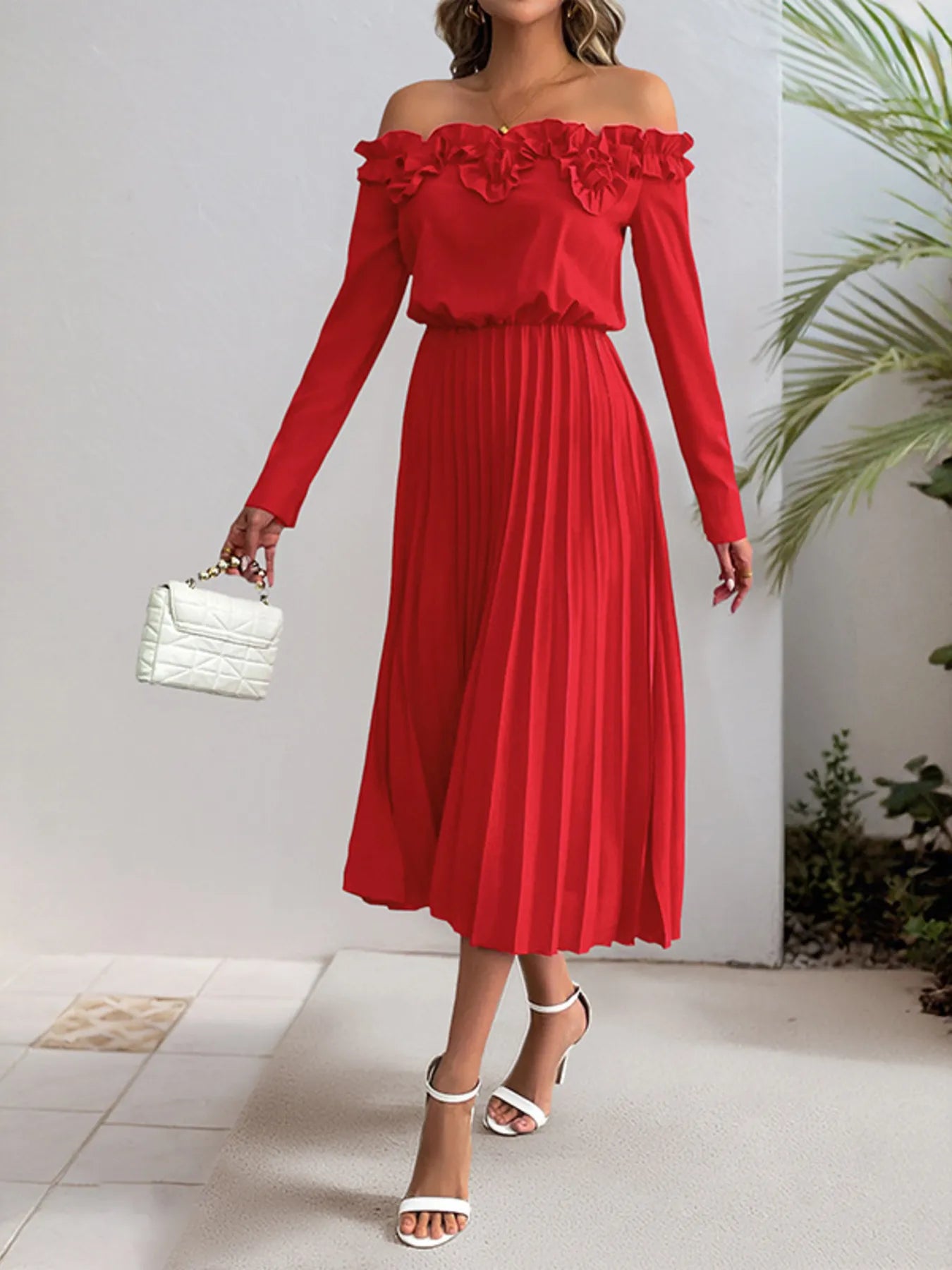 Off-Shoulder Ruffle Pleated Midi Dress - Blushé Belle
