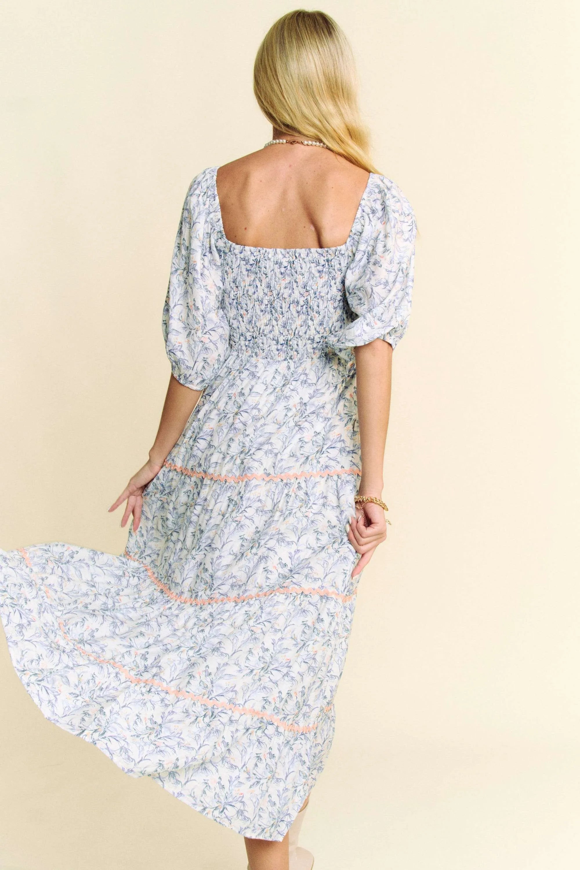 Davi & Dani Contrast Ric Smocking Bodice Tiered Midi Dress - Blushé Belle
