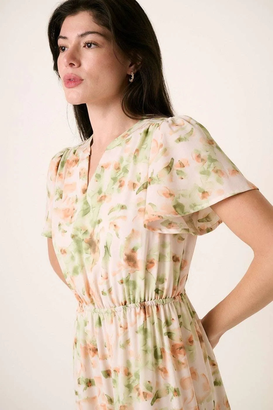 Mittoshop Flower Print Flutter Sleeve V Slit Maxi Dress - Blushé Belle