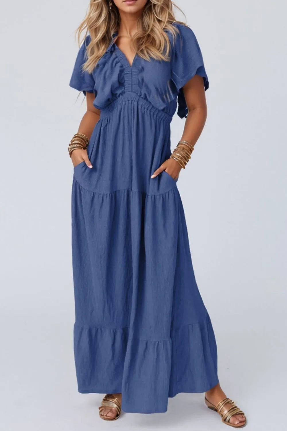 Ruffled V-Neck Short Sleeve Maxi Dress - Blushé Belle