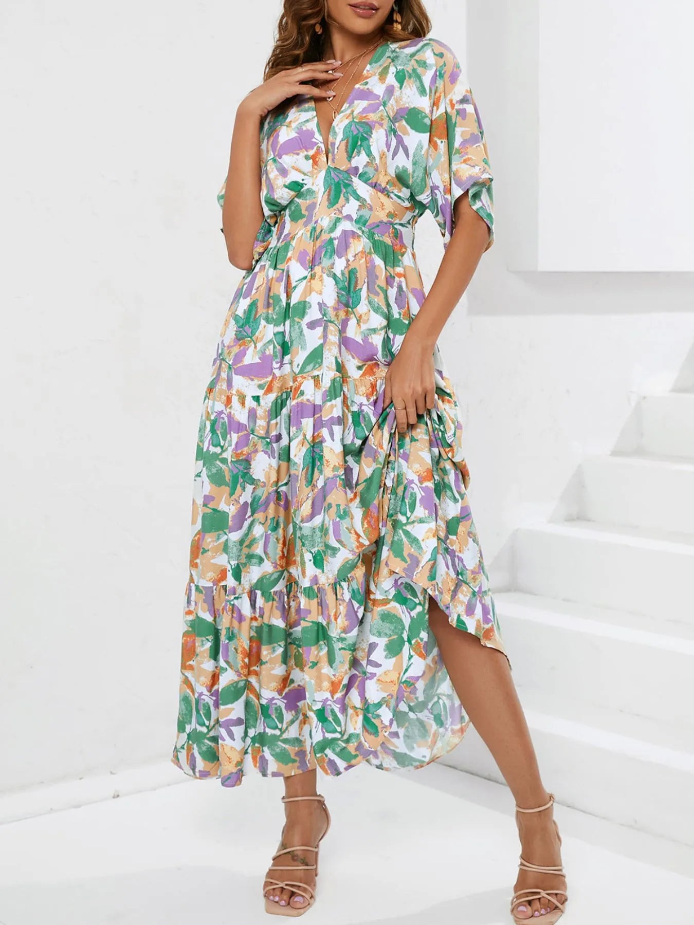 Floral Print V-neck Boho Midi Dress - Blushé Belle