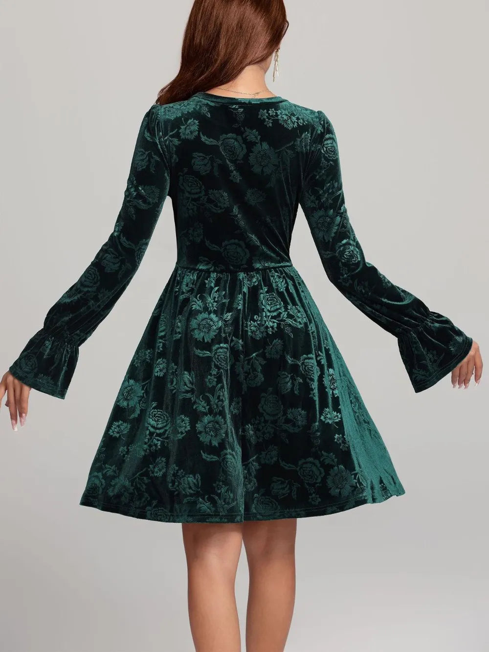 Tied Flower Print Round Neck Flounce Sleeve Dress - Blushé Belle