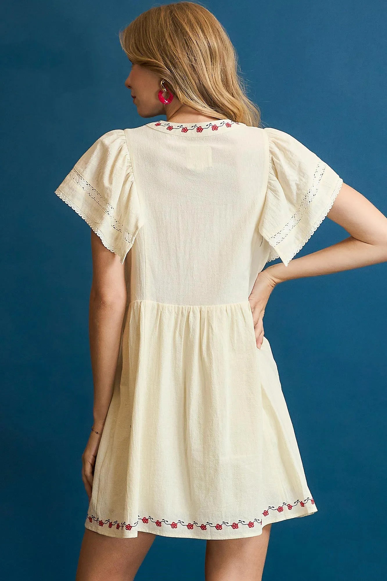 Umgee Embroidered Floral Flutter Sleeve Mini Dress - Blushé Belle