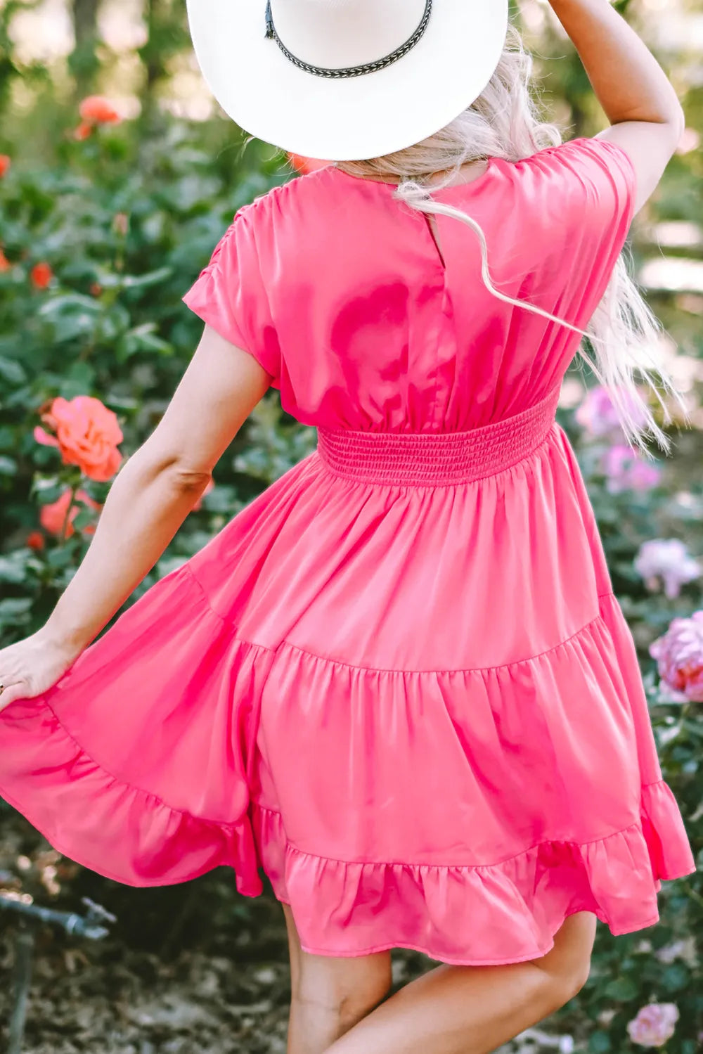 Smocked V-Neck Cap Sleeve Dress - Blushé Belle