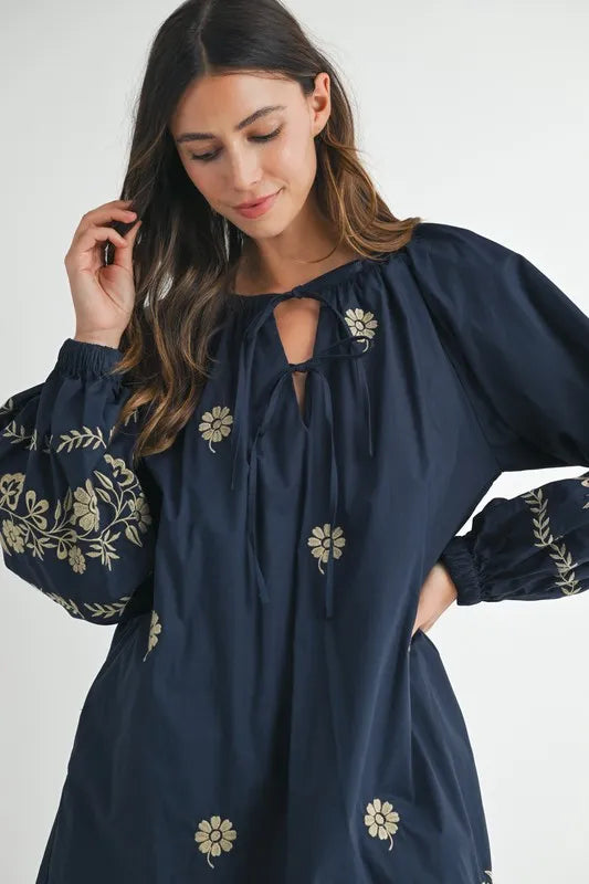 MABLE Embroidered Long Sleeve Peasant Mini Dress - Blushé Belle