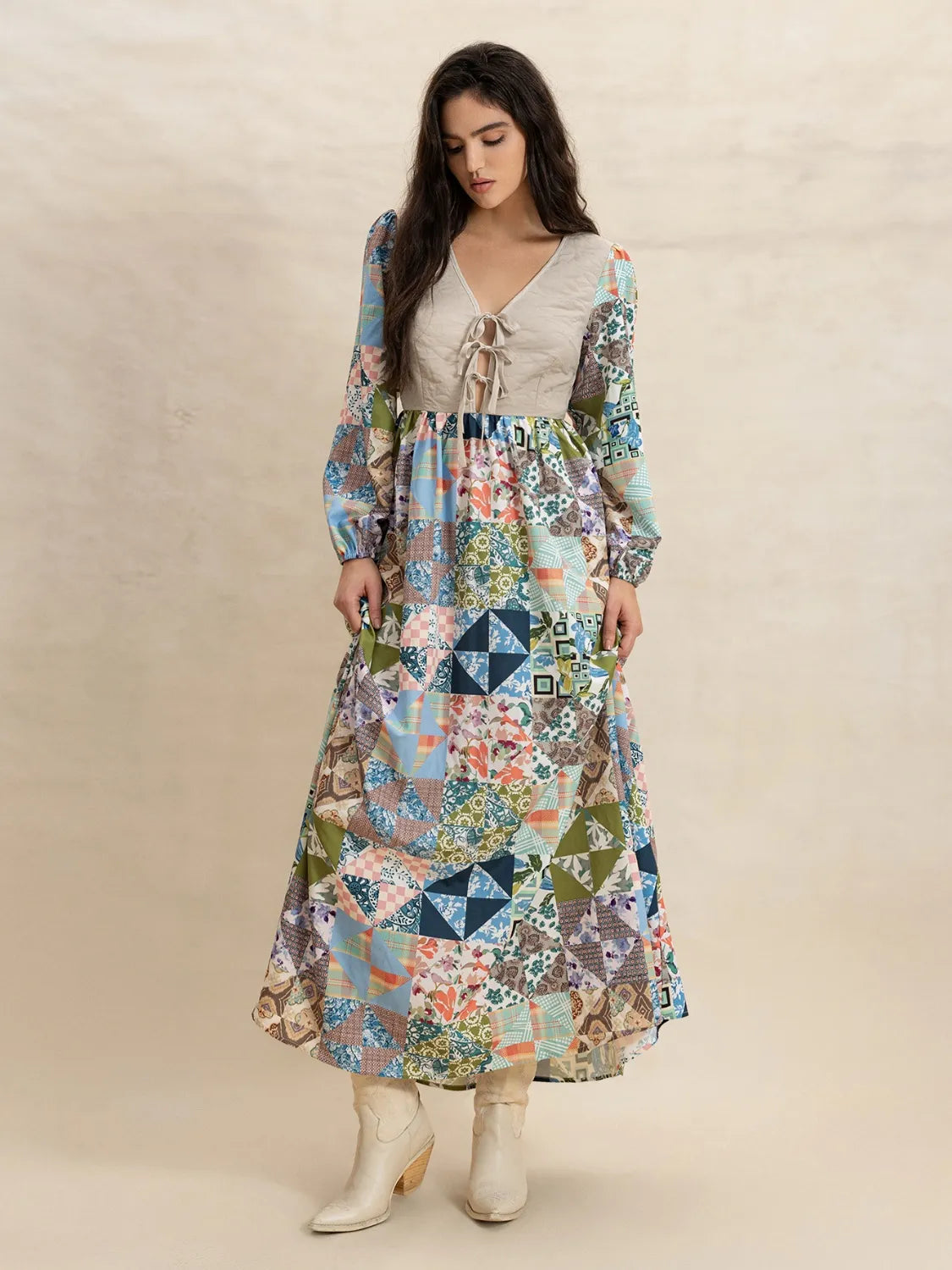 Tied Front Printed Long Sleeve Maxi Dress - Blushé Belle