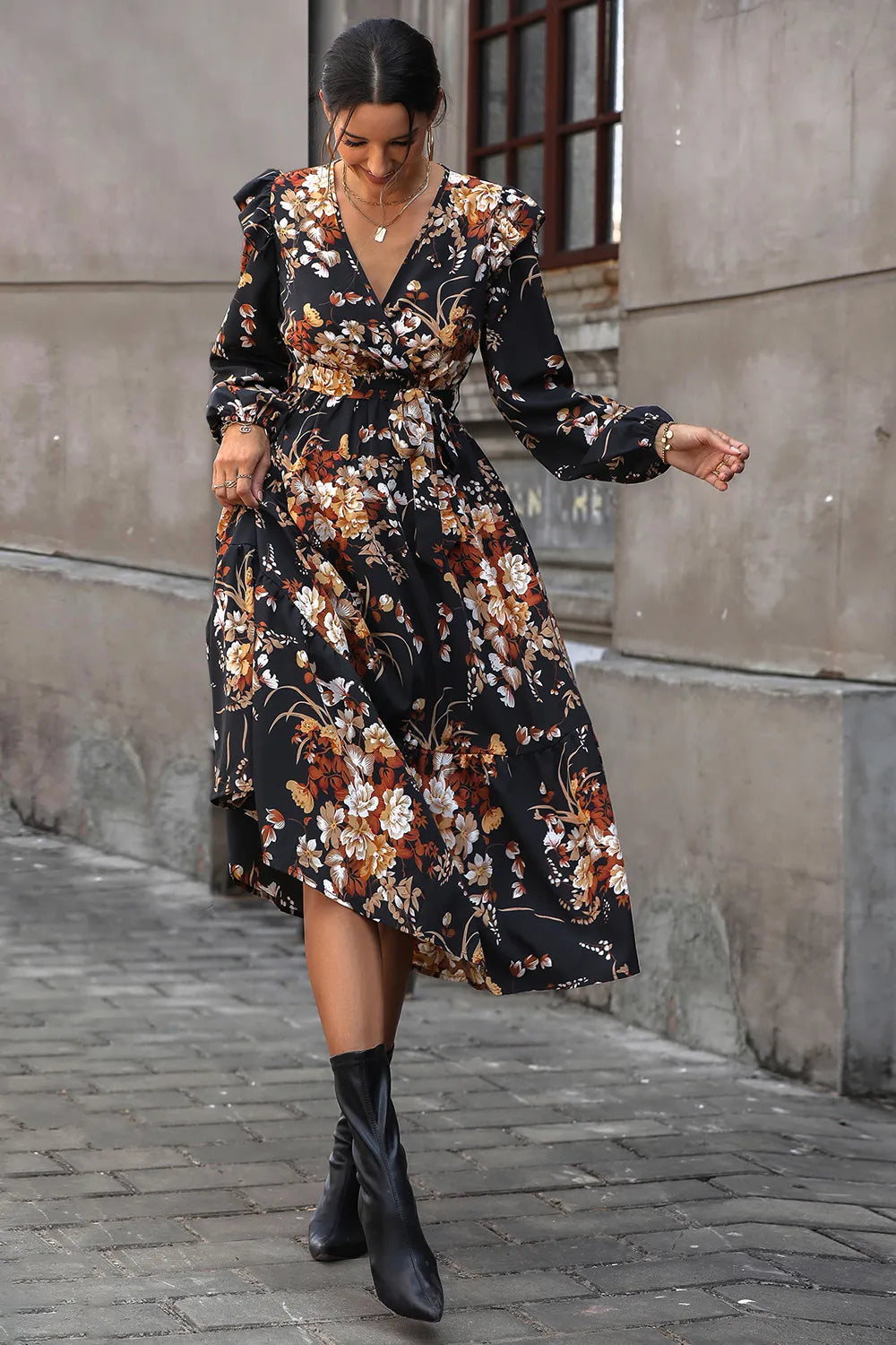 Perfee Floral Surplice Tie Front Ruffle Hem Midi Dress - Blushé Belle