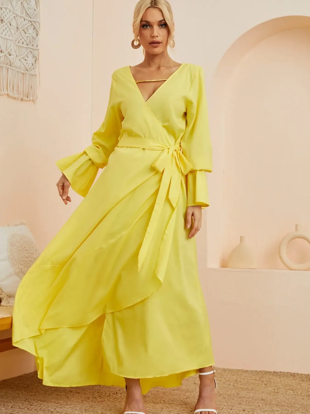Ruffled Wrap Maxi Dress with Bell Sleeves - Blushé Belle