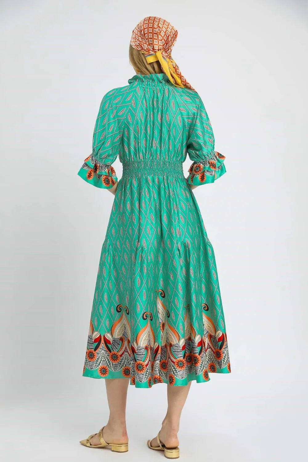Umgee Printed Smocked Waist Flounce Sleeve Midi Dress - Blushé Belle