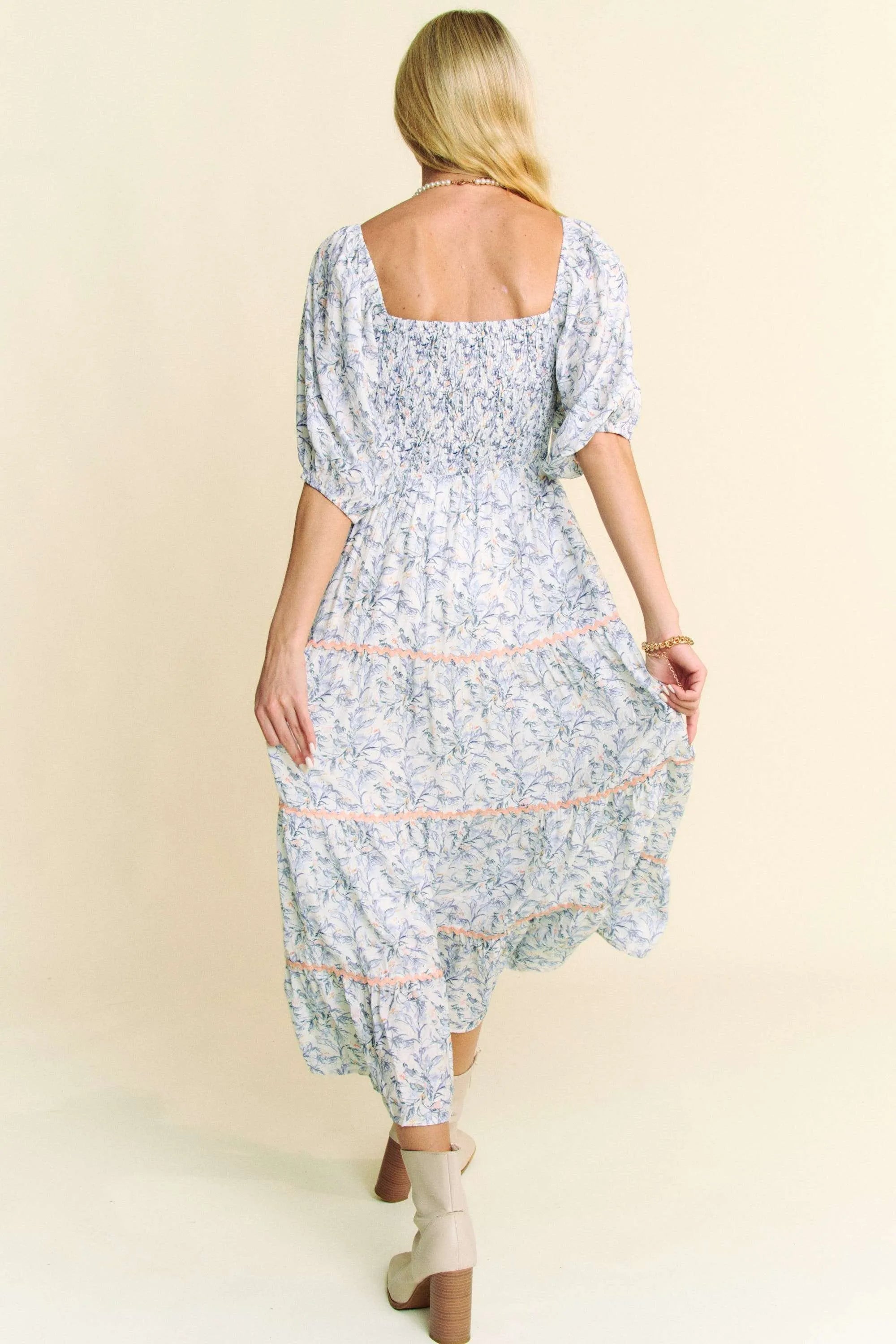 Davi & Dani Contrast Ric Smocking Bodice Tiered Midi Dress - Blushé Belle