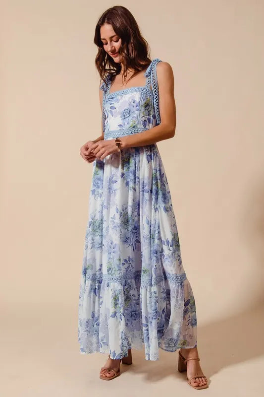 SO ME Floral Print Flowy Maxi Dress with Lace Ribbon Tie - Blushé Belle