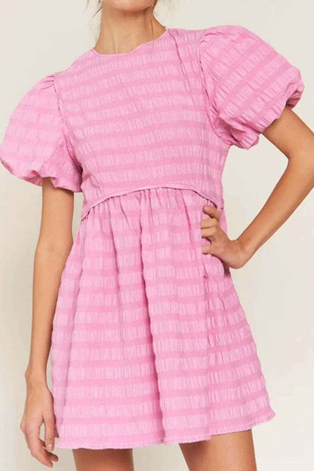 Textured Round Neck Puff Sleeve Mini Dress - Blushé Belle