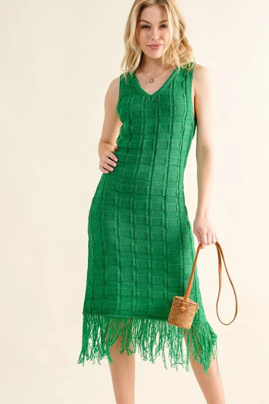 And The Why Checkerboard Drop-Needle Fringe Sleeveless Dress - Blushé Belle