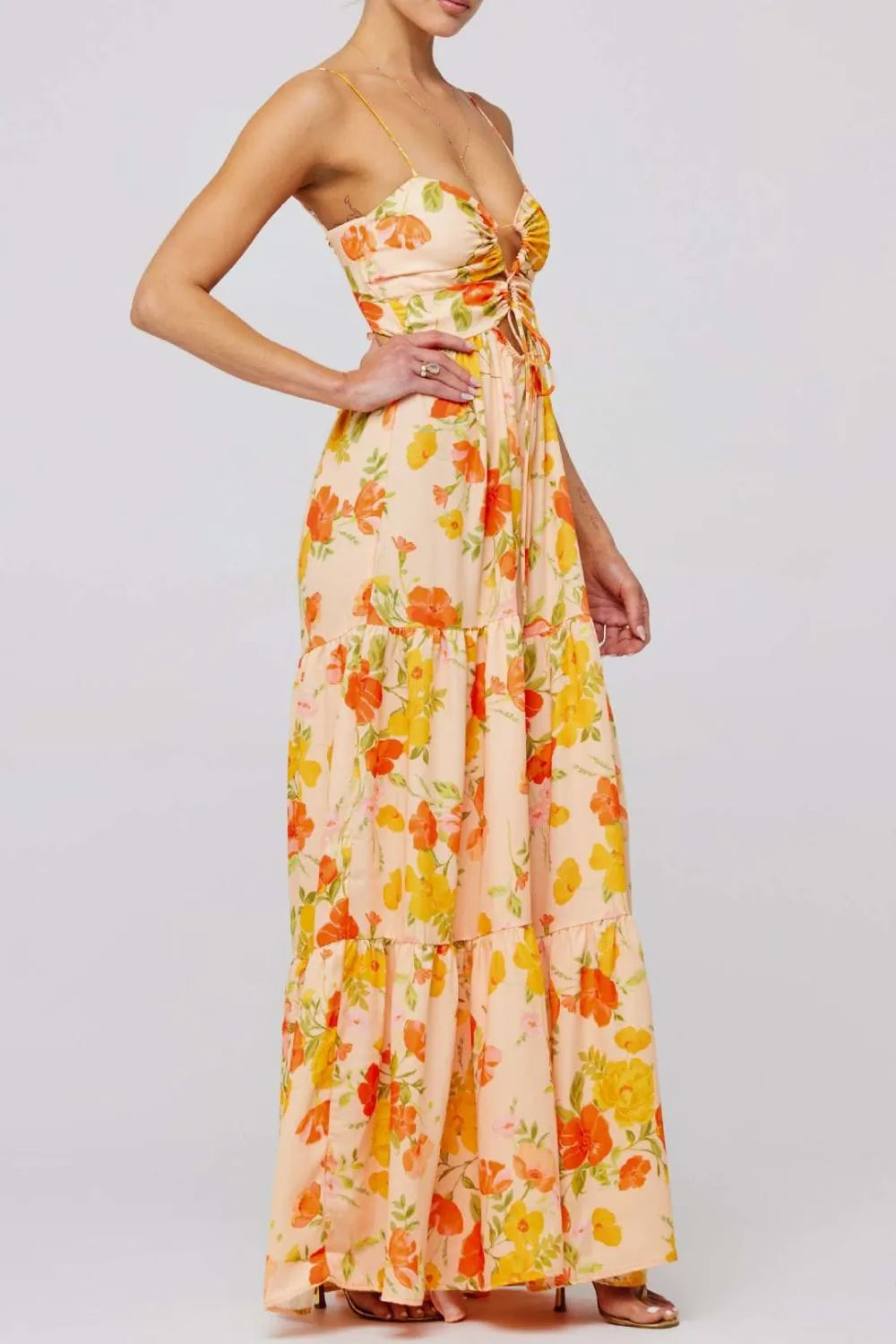 Floral Print Tie Front Tiered Maxi Dress - Blushé Belle