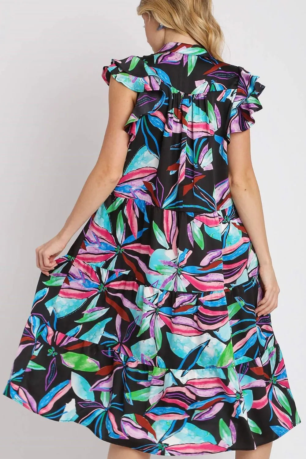 Umgee Full Size Leaf Print Double Layered Ruffle Sleeve Tiered Midi Dress Plus Size - Blushé Belle