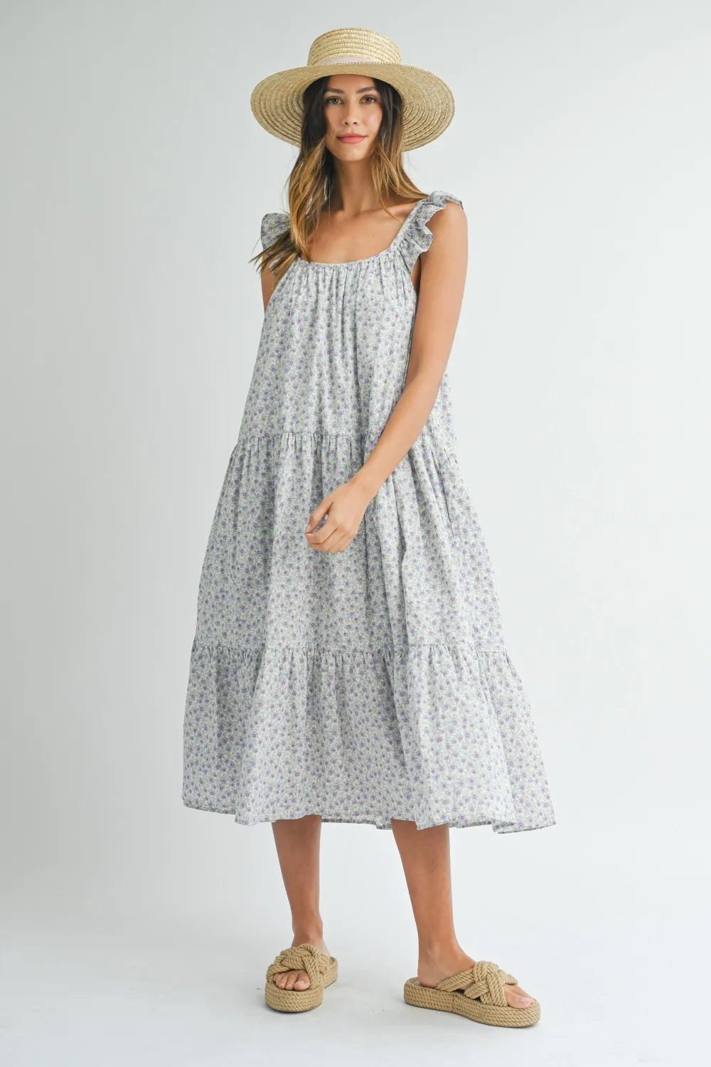 MABLE Floral Ruffle Shoulder Tiered Midi Dress - Blushé Belle