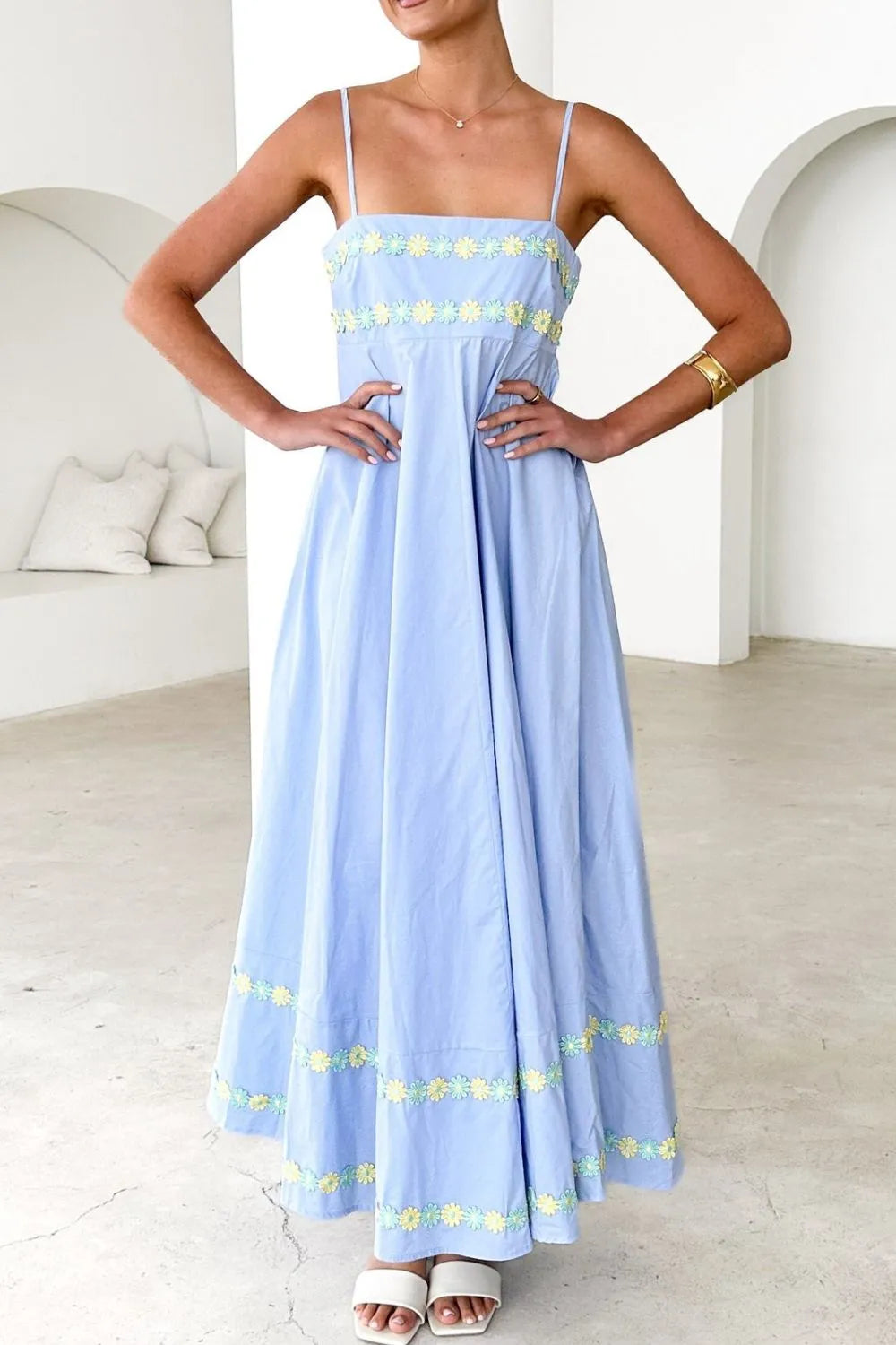 Floral Embroidered Spaghetti Strap Maxi Dress - Blushé Belle