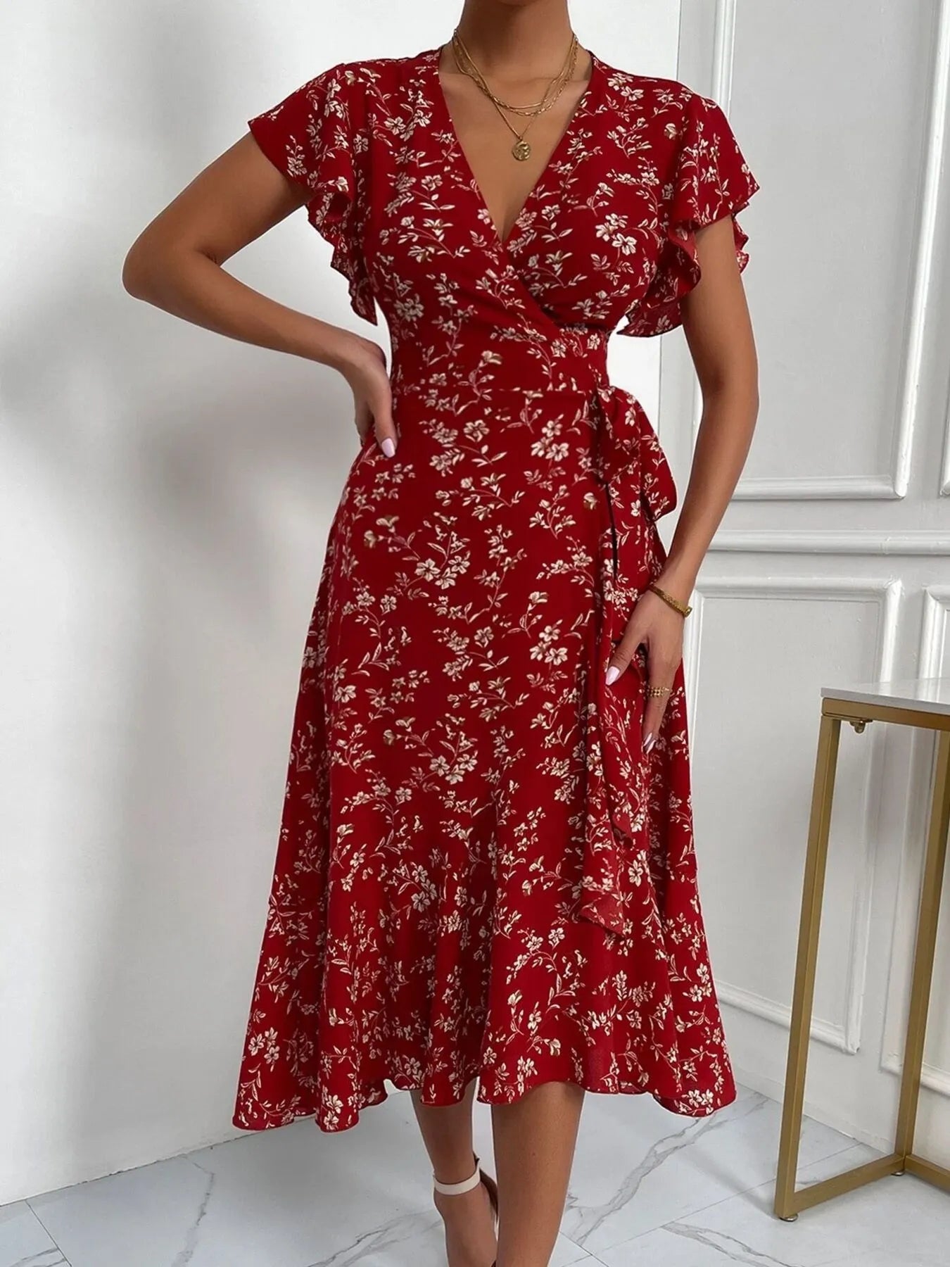 Floral Ruffle Sleeves Midi Dress - Blushé Belle